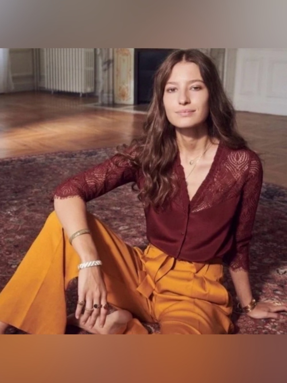 Sezane Margaret Bordeaux Red Silk Lace Sleeve Blouse Shirt Top - Picture 14 of 14